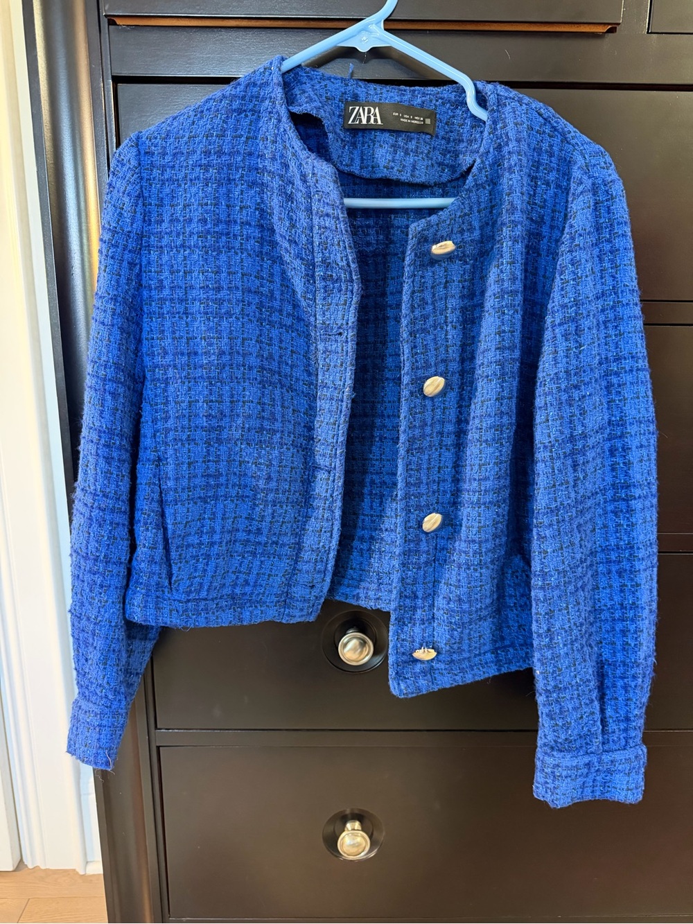 ZARA Blue Tweed Collarless Blazer Jacket